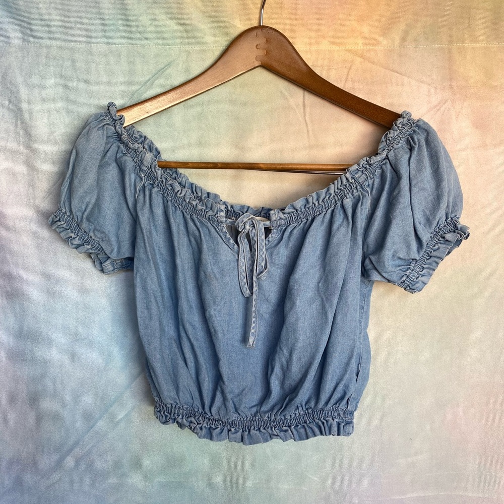 Blue Chambray Puff Sleeve Crop Top with Ruched Hem and Key Hole Necktie
